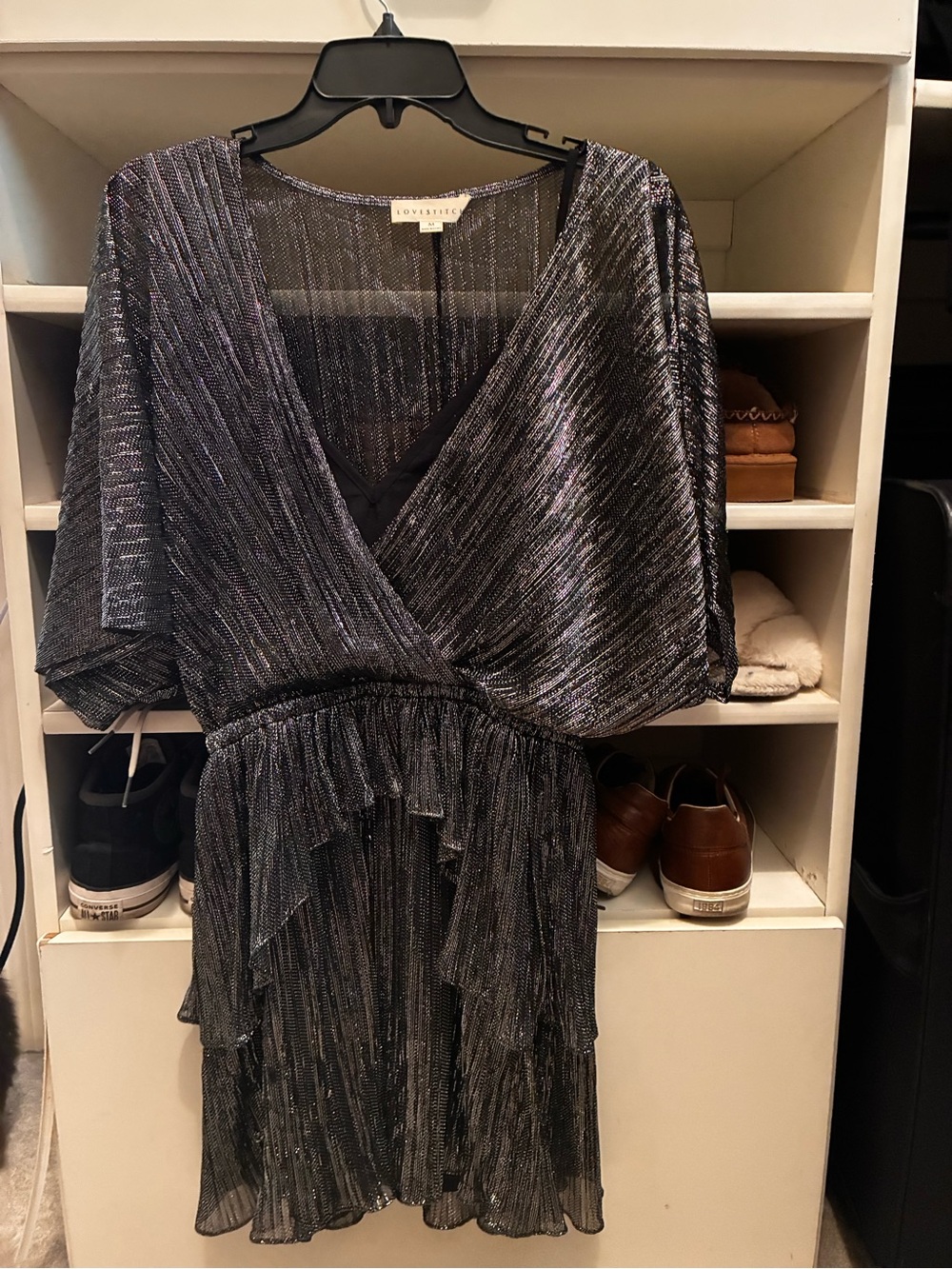 lovestitch Metallic Black and Silver Pleated Wrap Mini Dress